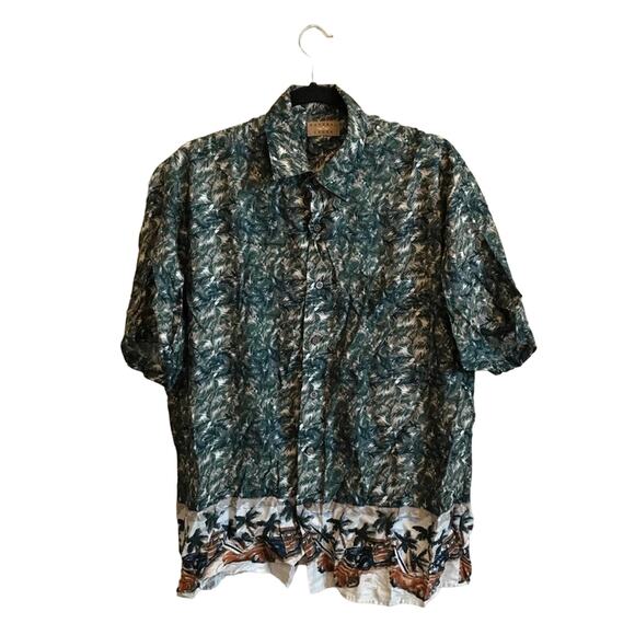 Vintage M/M Hawaiian t-shirt green palm trees tropical rayon beach summer - Picture 1 of 7